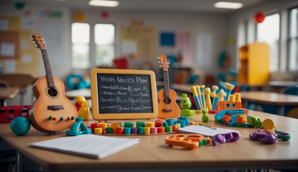 Uma sala de aula colorida com instrumentos musicais, brinquedos e um quadro branco com um plano de aula escrito