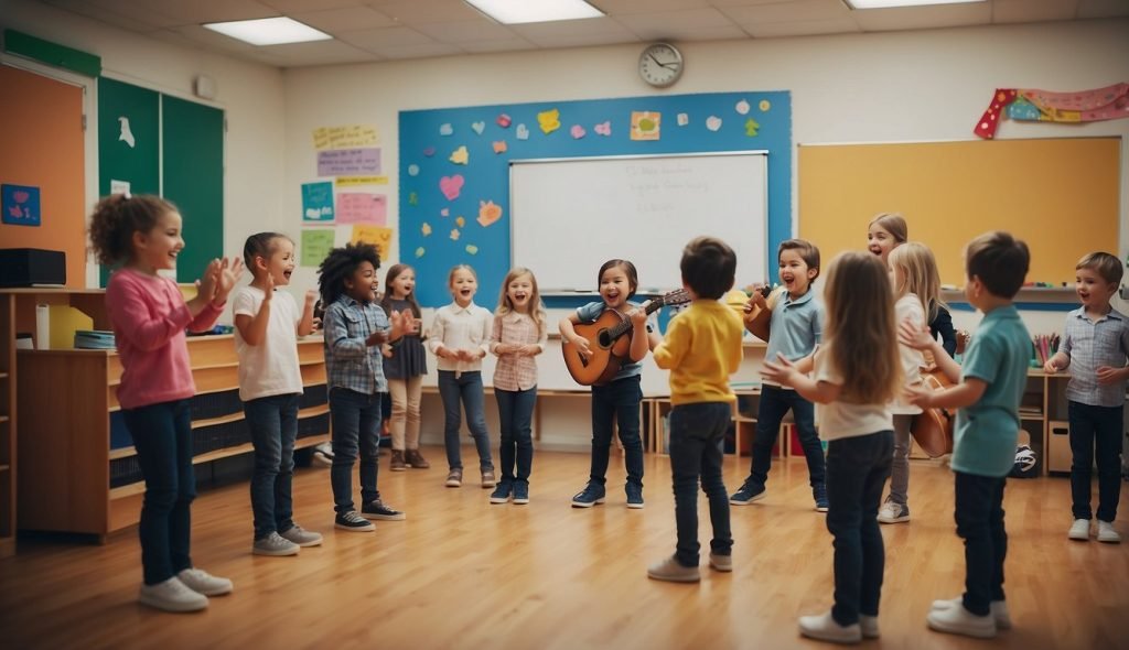 Uma sala de aula colorida com instrumentos musicais, um quadro branco com um plano de aula e crianças felizes cantando e dançando