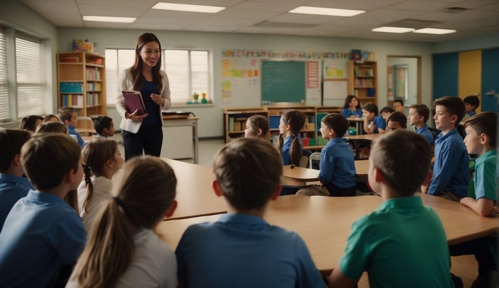 Um prédio escolar com alunos em salas de aula e um professor se dirigindo a um grupo de alunos em um corredor. Livros e materiais educacionais estão visíveis