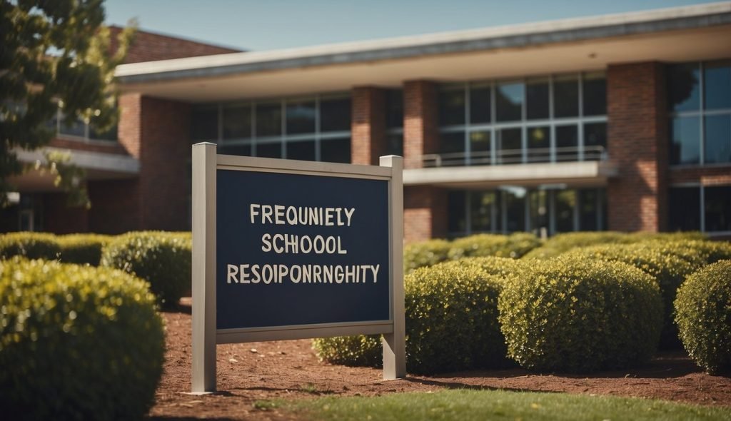 Um prédio escolar com uma placa "Perguntas Frequentes: Responsabilidade Civil da Escola - Direitos do Aluno" exibida com destaque