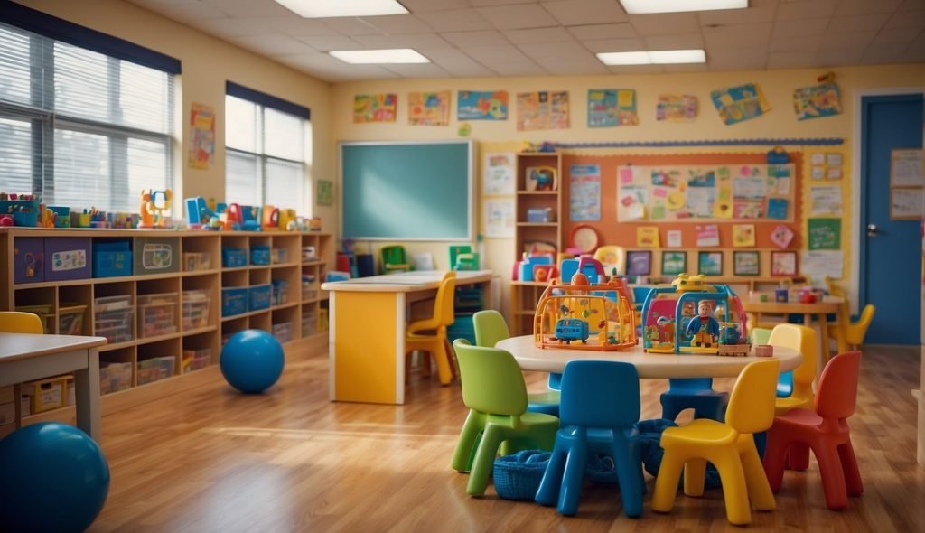 Uma sala de aula colorida com diversos brinquedos e jogos, uma mesa de professor com planos de aula e obras de arte infantis nas paredes