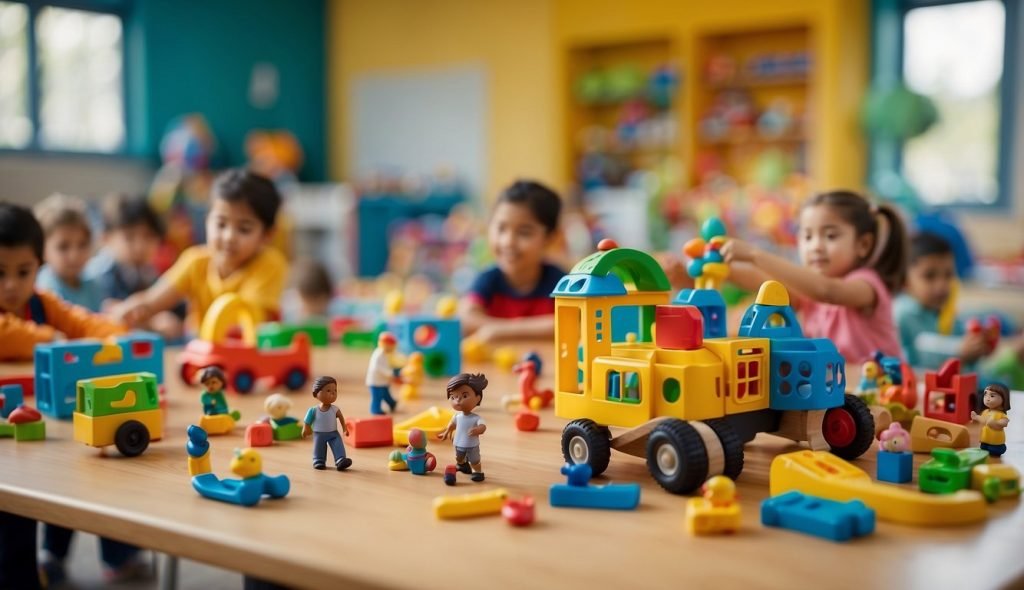 Uma sala de aula colorida com diversos brinquedos e equipamentos lúdicos, rodeada de crianças alegres e engajadas em diversas atividades lúdicas, orientadas por uma professora seguindo as orientações da BNCC