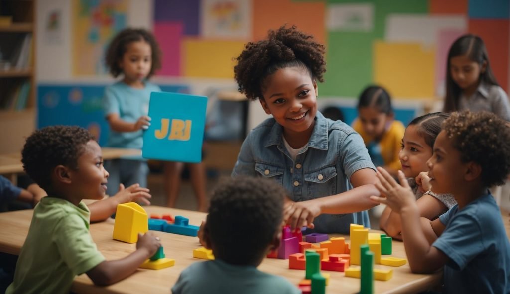 Um grupo diversificado de crianças participa de uma atividade antirracista interativa em sala de aula, cercada por materiais educacionais coloridos