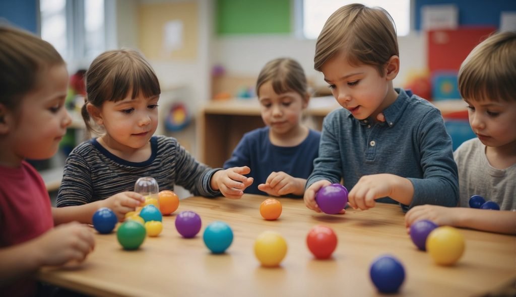 As crianças exploram brincadeiras heurísticas com vários materiais sensoriais em sala de aula, guiadas pelo plano de aula do professor