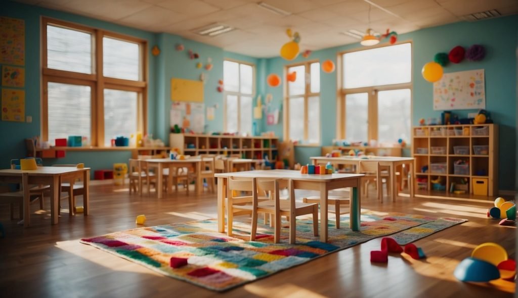 Uma sala de aula colorida com diversos materiais sensoriais espalhados pelo chão, como blocos de madeira, retalhos de tecido e objetos de metal. A luz natural brilhante entra pelas janelas, criando uma atmosfera acolhedora e convidativa para as crianças explorarem e brincarem.