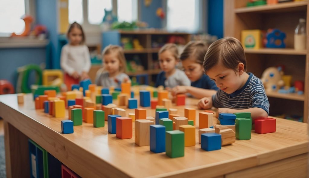 Uma sala de aula com vários materiais abertos, como blocos, objetos naturais e itens sensoriais, organizados para que as crianças explorem e manipulem livremente