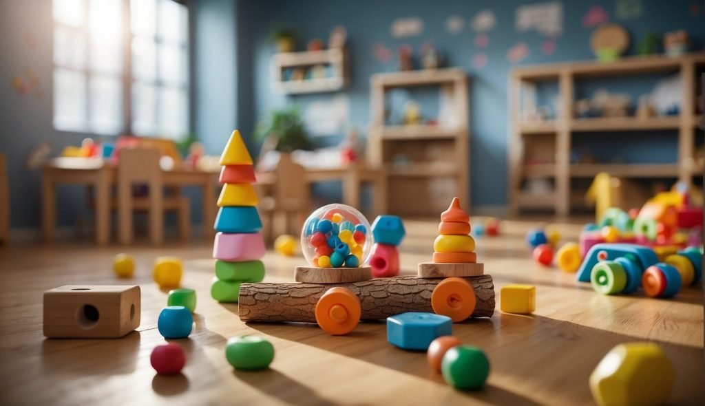 Uma sala de aula com brinquedos coloridos e materiais naturais espalhados pelo chão, onde as crianças exploram e brincam de forma independente