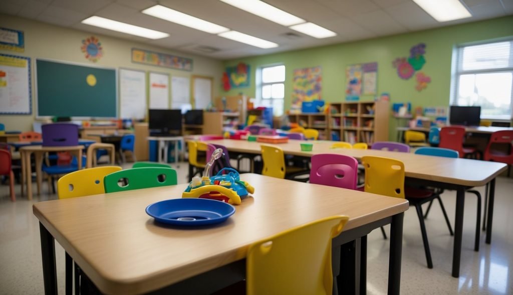 Uma sala de aula com diversos materiais de aprendizagem e ferramentas acessíveis para alunos com necessidades especiais, incluindo recursos visuais, itens sensoriais e tecnologia adaptativa