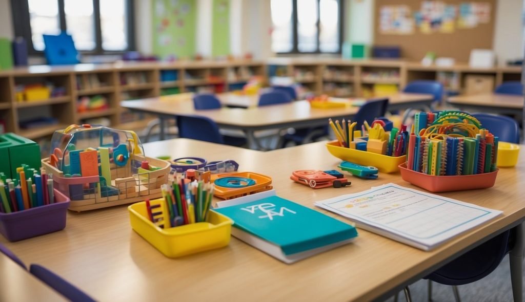 Uma sala de aula com diversos materiais didáticos e ferramentas adaptativas para AEE de educação especial. Planos de aula diferenciados e suporte individualizado ficam evidentes no ambiente