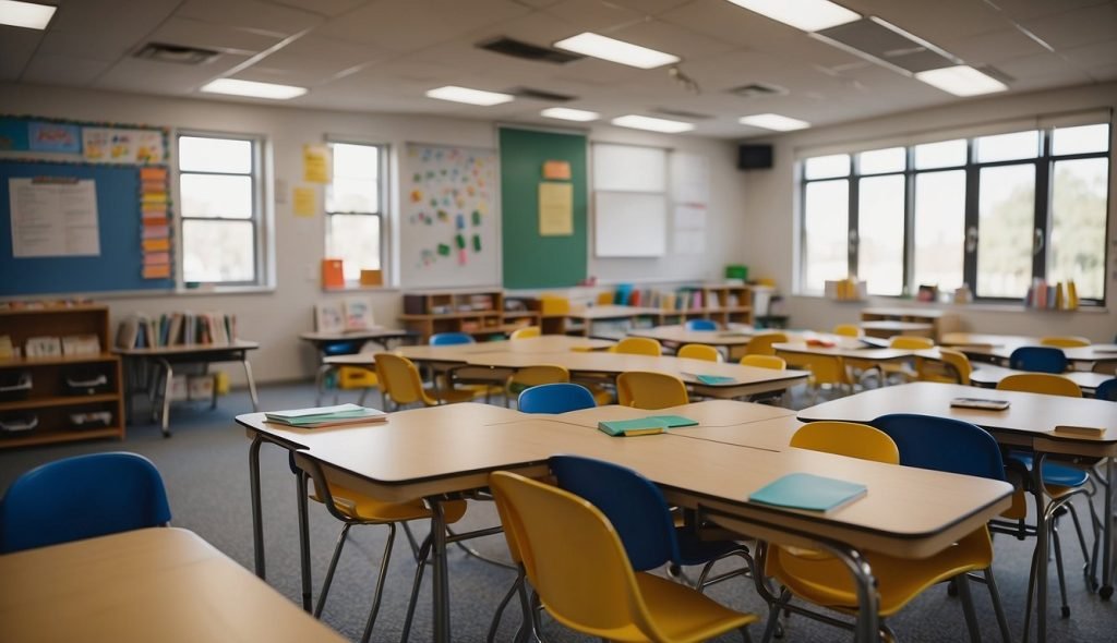 Uma sala de aula com diversos materiais didáticos e recursos acessíveis para educação especial AEE