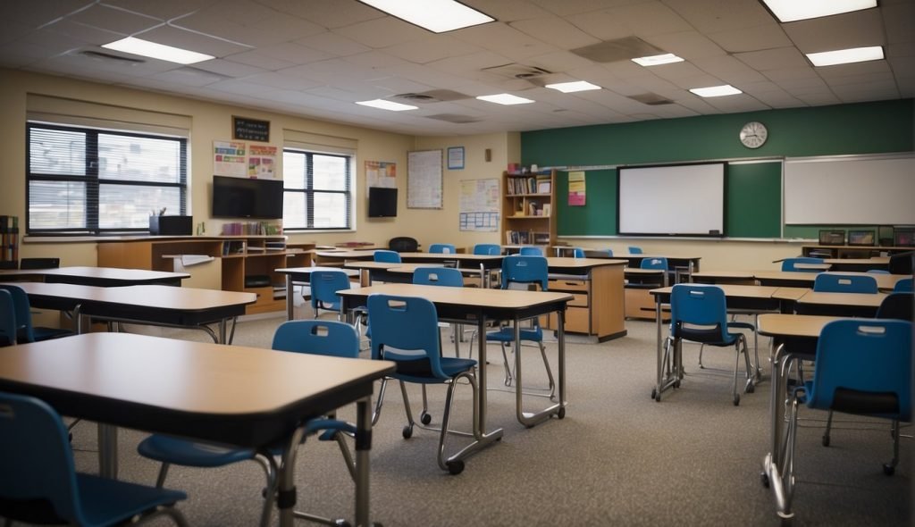 Uma sala de aula com diversos materiais didáticos e tecnologia acessível para alunos com necessidades especiais