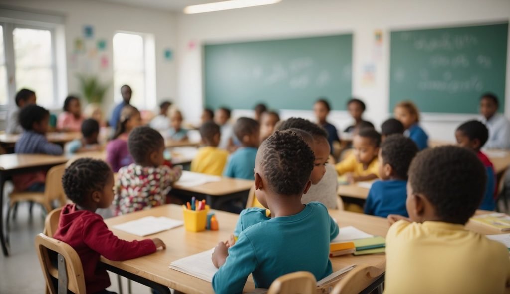 Uma sala de aula com diversos materiais de aprendizagem e recursos acessíveis, cercada por familiares e membros da comunidade engajados