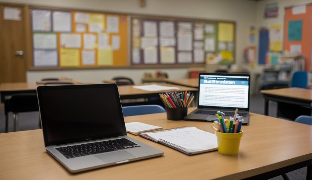 Uma mesa de professor com um laptop aberto para um modelo de plano de aula para AEE. Livros, canetas e papéis estão espalhados, com um quadro de avisos ao fundo