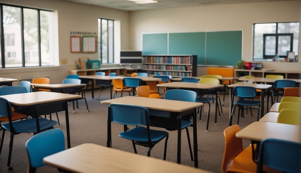 Uma sala de aula com diversos materiais didáticos e tecnologia acessível para educação especial