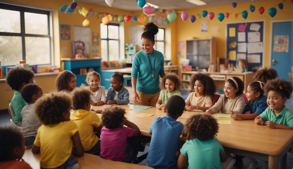 Um grupo diversificado de crianças participa em atividades que promovem a educação anti-racista num ambiente de sala de aula colorido e acolhedor.
