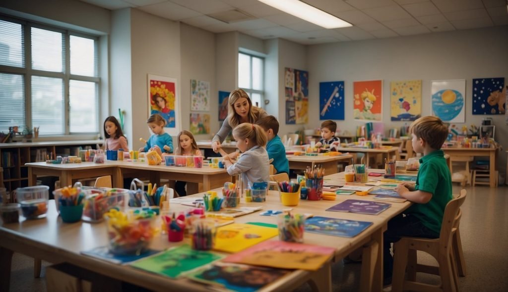 Uma sala de aula repleta de materiais de arte coloridos e obras de arte infantis expostas nas paredes. Uma professora demonstra como reinterpretar pinturas famosas usando diferentes materiais