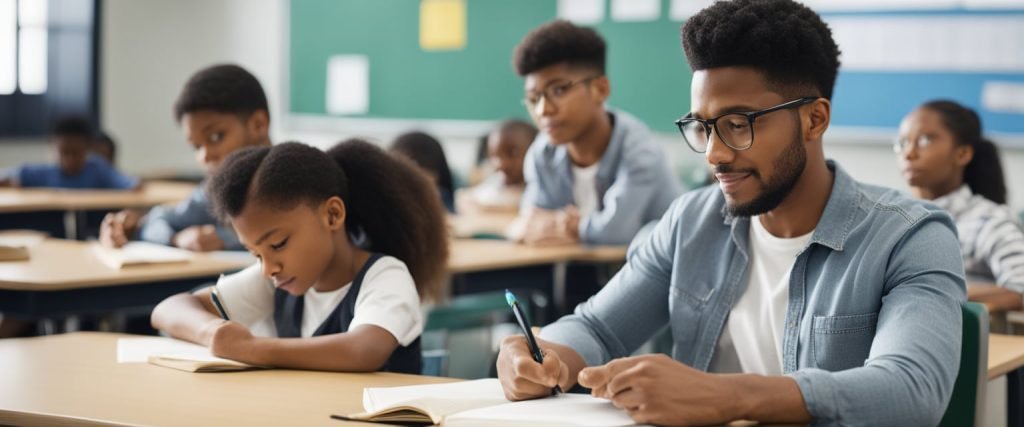 Uma sala de aula com diversos materiais de aprendizagem, alunos envolvidos em atividades e um professor observando e fazendo anotações