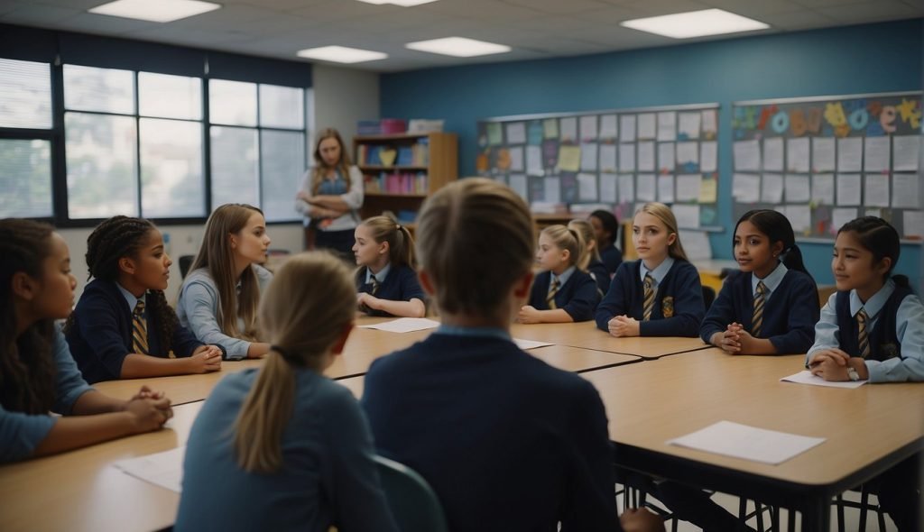 Uma sala de aula com alunos envolvidos em discussões em grupo, cartazes nas paredes com mensagens anti-bullying e o professor ministrando uma aula sobre prevenção do bullying