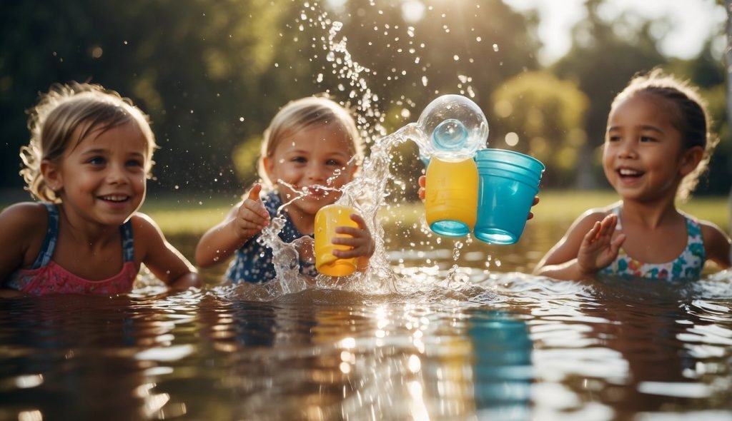 Crianças brincando com água, espirrando e rindo. Vários brinquedos aquáticos e recipientes espalhados. Luz solar brilhante e reflexos coloridos