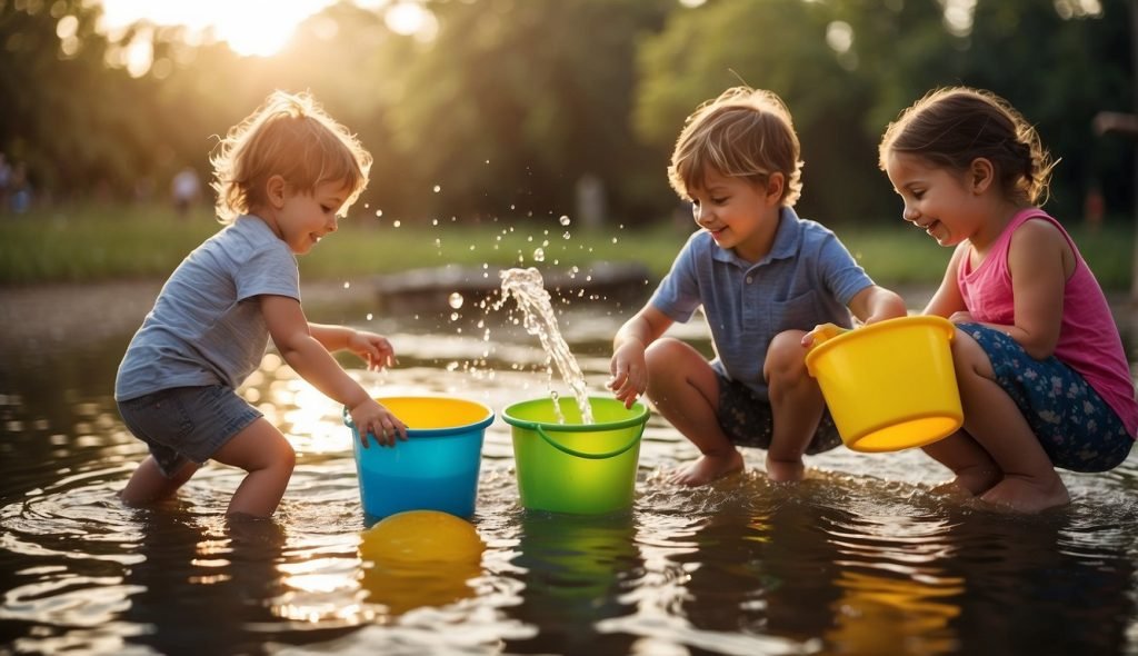 Crianças brincando com água, atividades lideradas por professores, brinquedos e baldes coloridos, ambiente ao ar livre com luz do sol