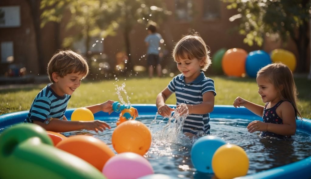 Crianças brincando com brinquedos aquáticos em uma área externa segura e supervisionada, com um professor demonstrando atividades aquáticas divertidas e educativas