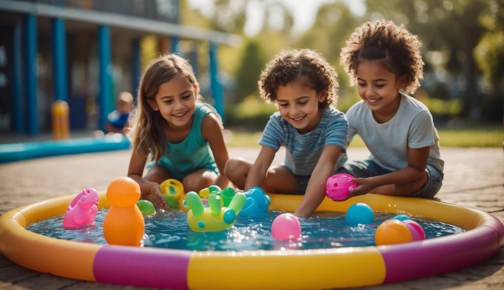 Crianças brincando com brinquedos aquáticos em um ambiente colorido ao ar livre, com um professor orientando as atividades e interagindo com os alunos