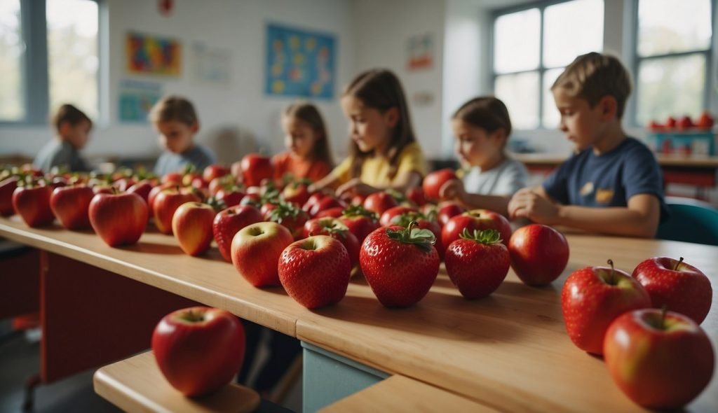 Uma sala de aula repleta de vários objetos vermelhos, como maçãs, caminhões de bombeiros e morangos. Crianças envolvidas alegremente em atividades relacionadas à cor vermelha, como pintar e classificar objetos