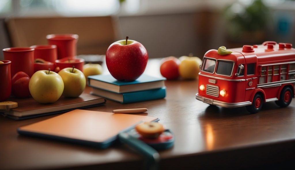 Uma maçã vermelha brilhante está sobre uma mesa, cercada por vários objetos vermelhos, como um caminhão de bombeiros e uma placa de pare. O plano de aula do professor é aberto, com ilustrações coloridas e atividades para ensinar sobre a cor vermelha aos jovens estudantes