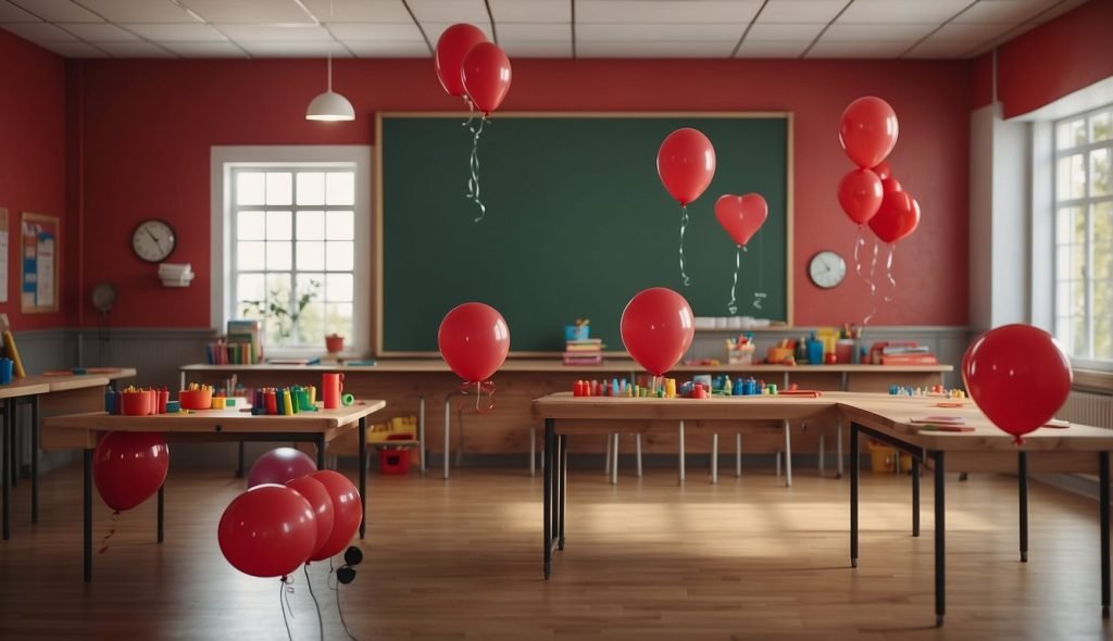 Uma sala de aula com objetos e materiais vermelhos, como giz de cera vermelho, maçãs e balões, dispostos sobre uma mesa. Um professor apontando para uma roda vermelha na parede