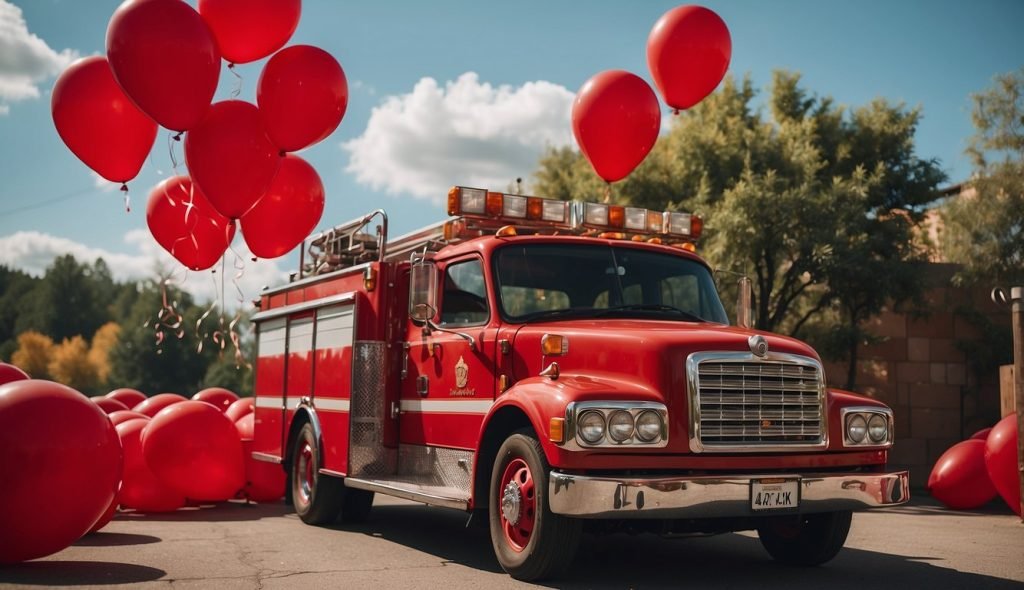 Uma maçã vermelha vibrante está sobre uma mesa, cercada por balões vermelhos e um caminhão de bombeiros vermelho