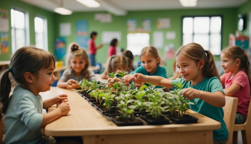 Uma sala de aula colorida com crianças pequenas aprendendo sobre plantas por meio de atividades interativas e recursos visuais