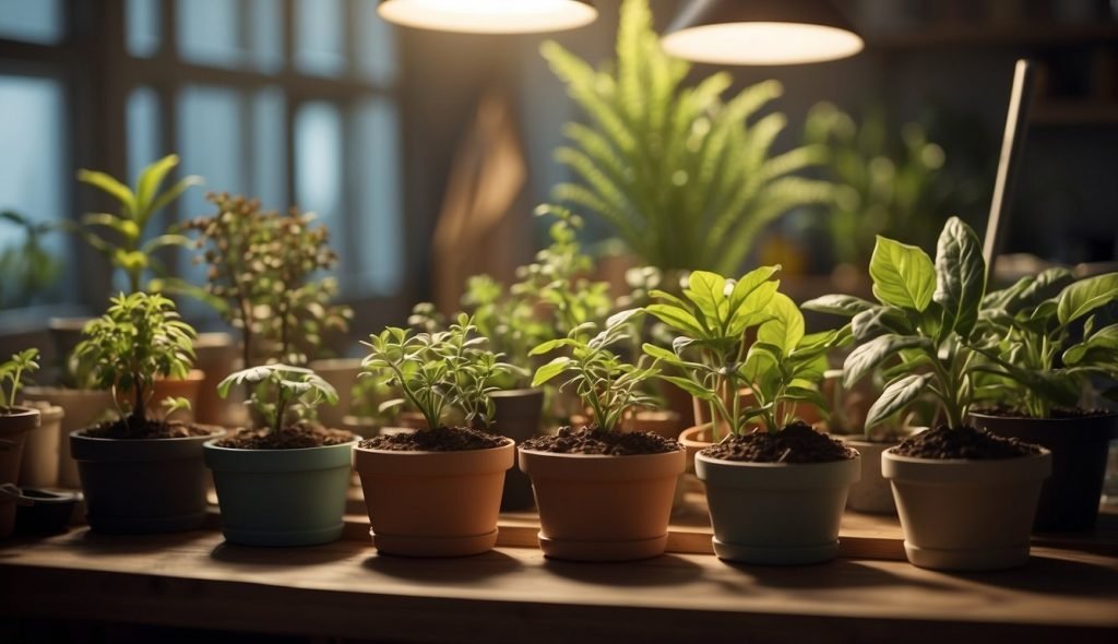 Uma sala de aula colorida com um grande pôster do ciclo de vida de uma planta, pequenos vasos de plantas no parapeito da janela e uma mesa com terra, sementes e ferramentas de jardinagem para aprendizado prático