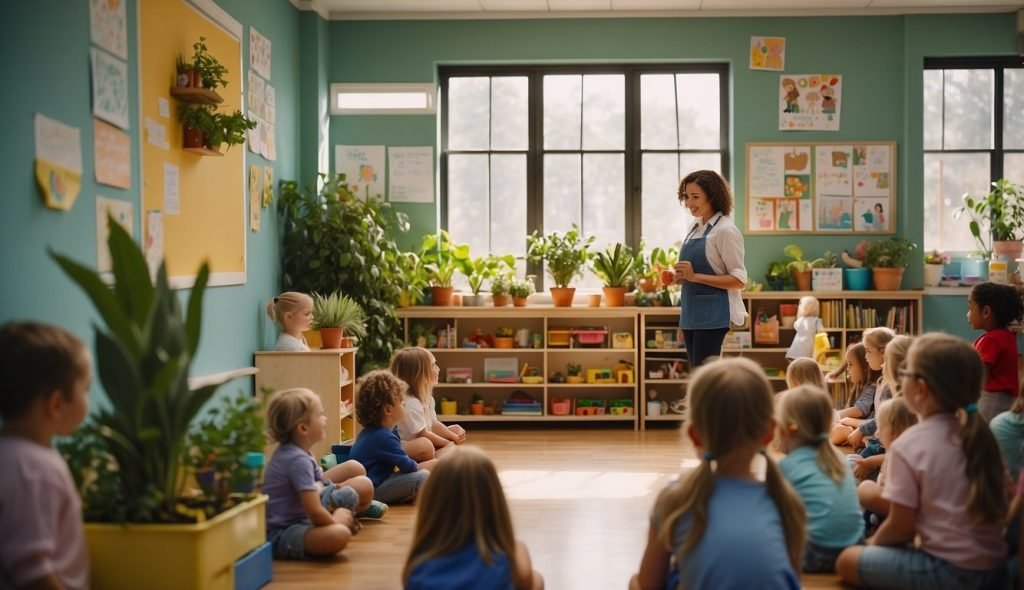 Uma sala de aula colorida com cartazes de diferentes plantas, um pequeno jardim no canto e uma professora segurando um regador, cercada por alunos da pré-escola engajados