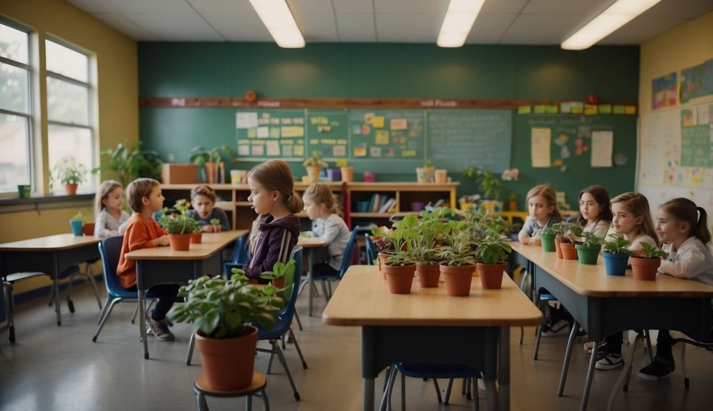 Uma sala de aula colorida com diversas partes de plantas etiquetadas nas paredes, pequenos vasos de plantas nas mesas e crianças reunidas em torno de um professor, envolvidas em uma aula sobre as partes de uma planta