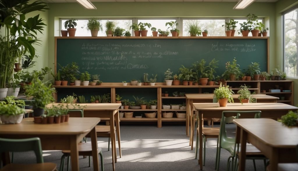 Uma sala de aula colorida com pequenas mesas e cadeiras, um grande quadro verde com desenhos de plantas e vários espécimes de plantas expostos pela sala