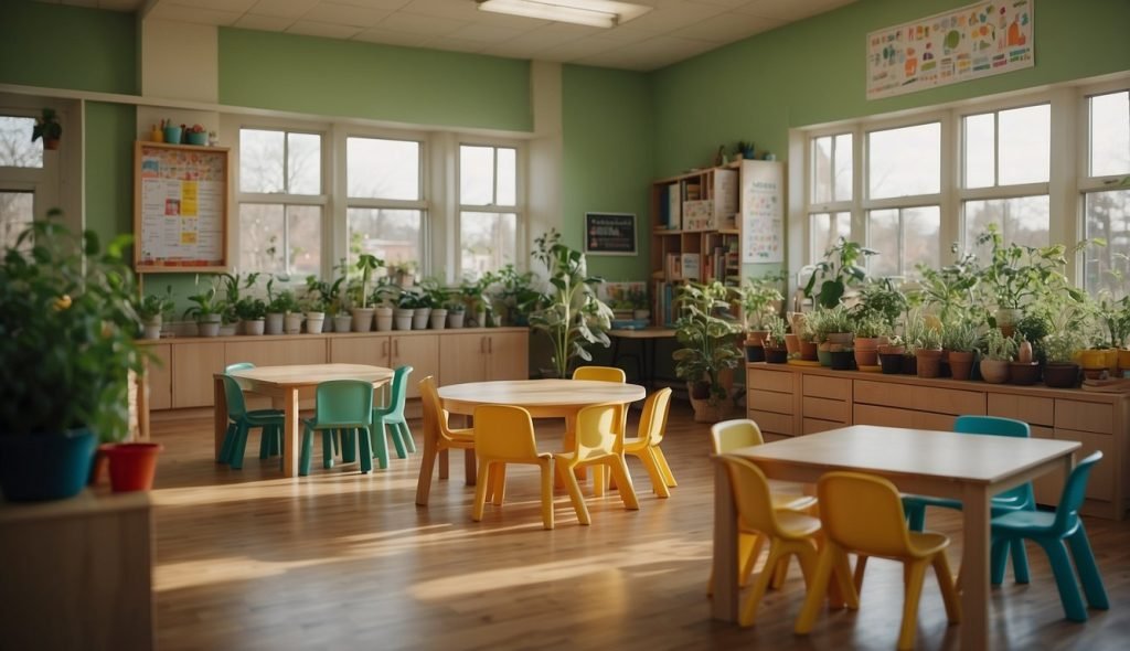 Uma sala de aula colorida com cartazes de plantas nas paredes, uma mesa com vasos e terra e cadeiras infantis dispostas em círculo para uma aula de plantas para alunos da pré-escola