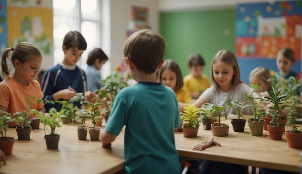 Uma sala de aula colorida com obras de arte infantil de plantas nas paredes. Um professor conduz uma atividade prática com espécimes de plantas e materiais educativos