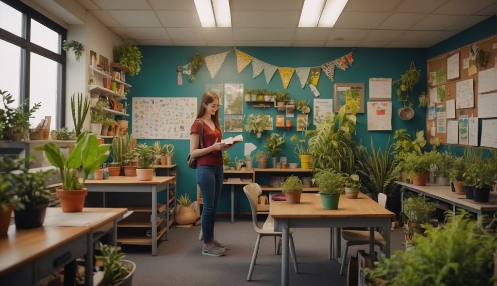 Uma sala de aula colorida com desenhos infantis de plantas nas paredes, uma mesa com vasos de diversas plantas e uma professora segurando um livro sobre plantas