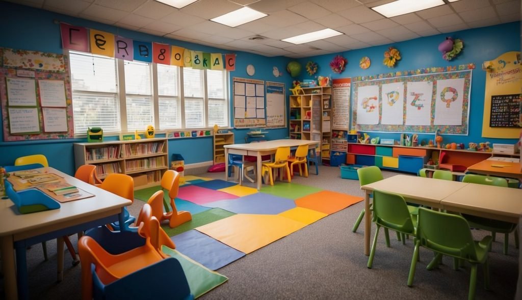 Uma sala de aula colorida com cartazes do alfabeto, livros e atividades interativas focadas na vogal "e" para jovens estudantes