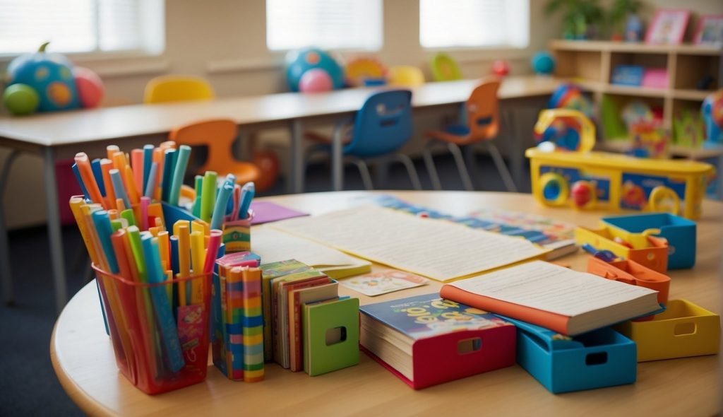 Uma sala de aula colorida com cartazes do alfabeto, livros e brinquedos educativos. Mesa de professor com plano de aula sobre o ensino da vogal "e" para jovens estudantes