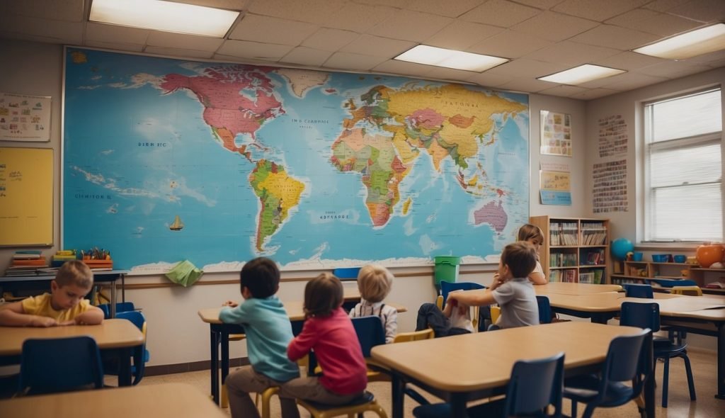 Uma sala de aula colorida com obras de arte infantis nas paredes, um grande mapa da escola e um professor apontando diferentes áreas