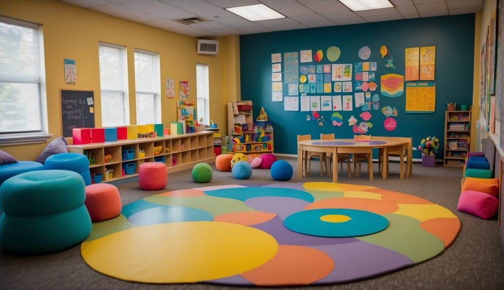 Uma sala de aula colorida com obras de arte infantis nas paredes, uma mesa de professor com materiais educativos e uma área circular com tapetes e almofadas coloridas