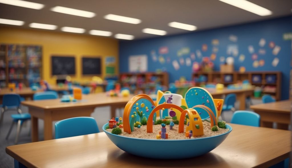 Uma sala de aula colorida com diversos materiais de aprendizagem e exibições interativas, convidando os jovens estudantes a explorar e descobrir o ambiente escolar