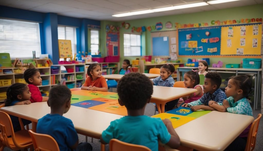 Uma sala de aula colorida com um grande “I” exposto na parede, cercado por imagens de itens começando com vogal. As mesas são preparadas para atividades interativas e um professor interage com os jovens estudantes