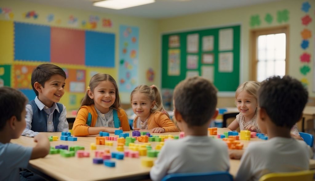 Uma sala de aula colorida com cartazes do alfabeto e brinquedos, um professor apontando para a letra "I" no quadro, envolvendo os jovens estudantes em uma divertida atividade de aprendizagem