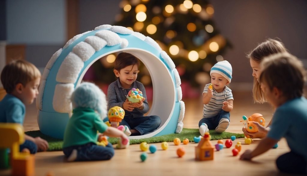 Crianças brincando com brinquedos que começam com a letra “I”, como um iglu ou um sorvete, enquanto um professor conduz uma atividade divertida