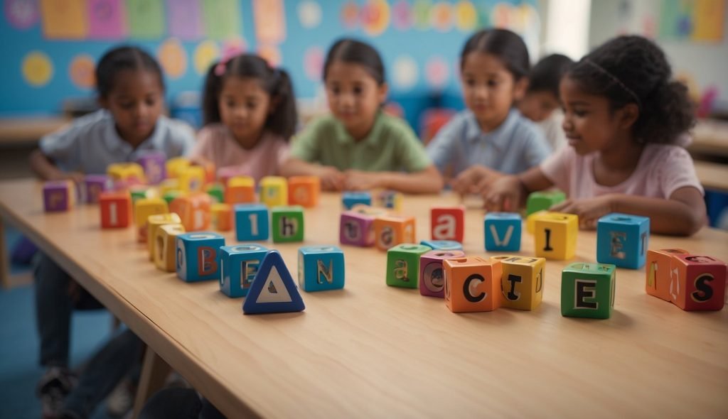 Uma sala de aula colorida com objetos e imagens em formato de “I”, crianças engajadas em atividades interativas e uma professora orientando-as em um plano de aula seguindo as orientações da BNCC