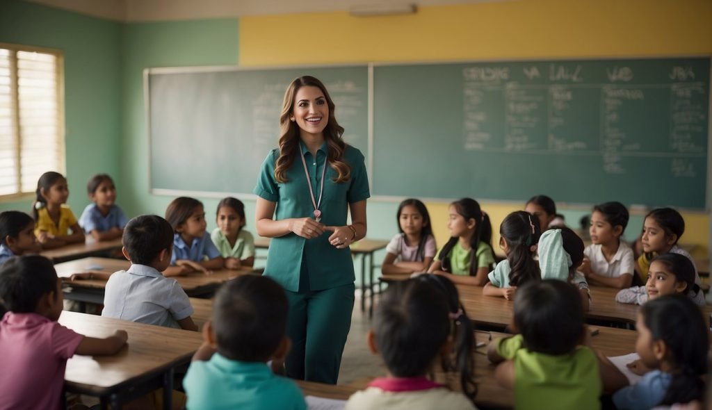 Uma sala de aula colorida com crianças aprendendo sobre a dengue por meio de atividades interativas e visuais. Um professor liderando a discussão com entusiasmo