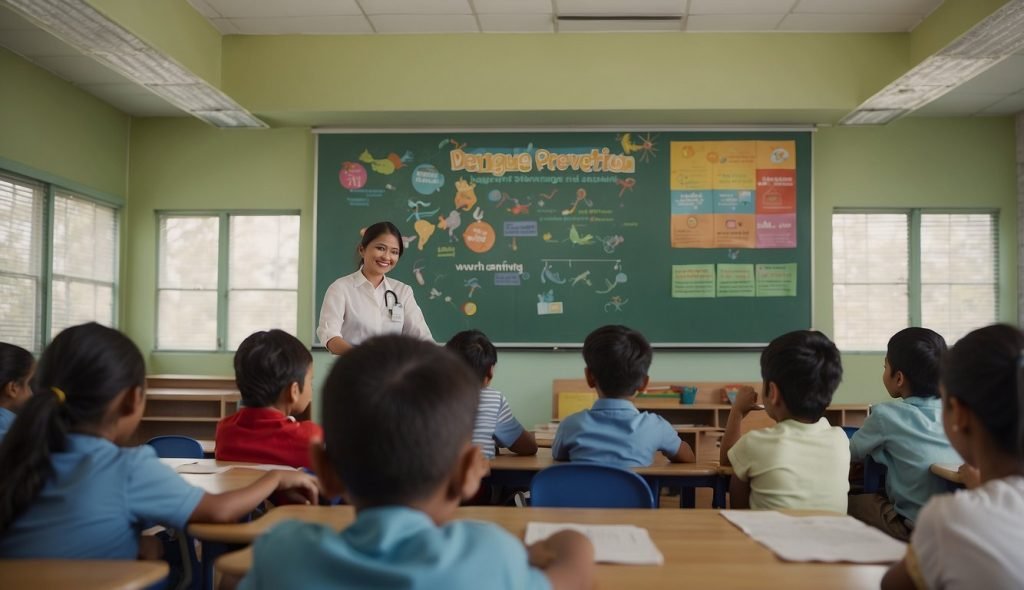 Uma sala de aula com recursos visuais coloridos e atividades interativas sobre prevenção da dengue para jovens estudantes