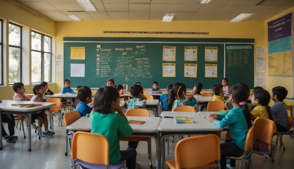 Sala de aula colorida com imagens de mosquitos e cartazes informativos sobre dengue. Mesas preparadas para atividades interativas e um professor conduzindo uma discussão